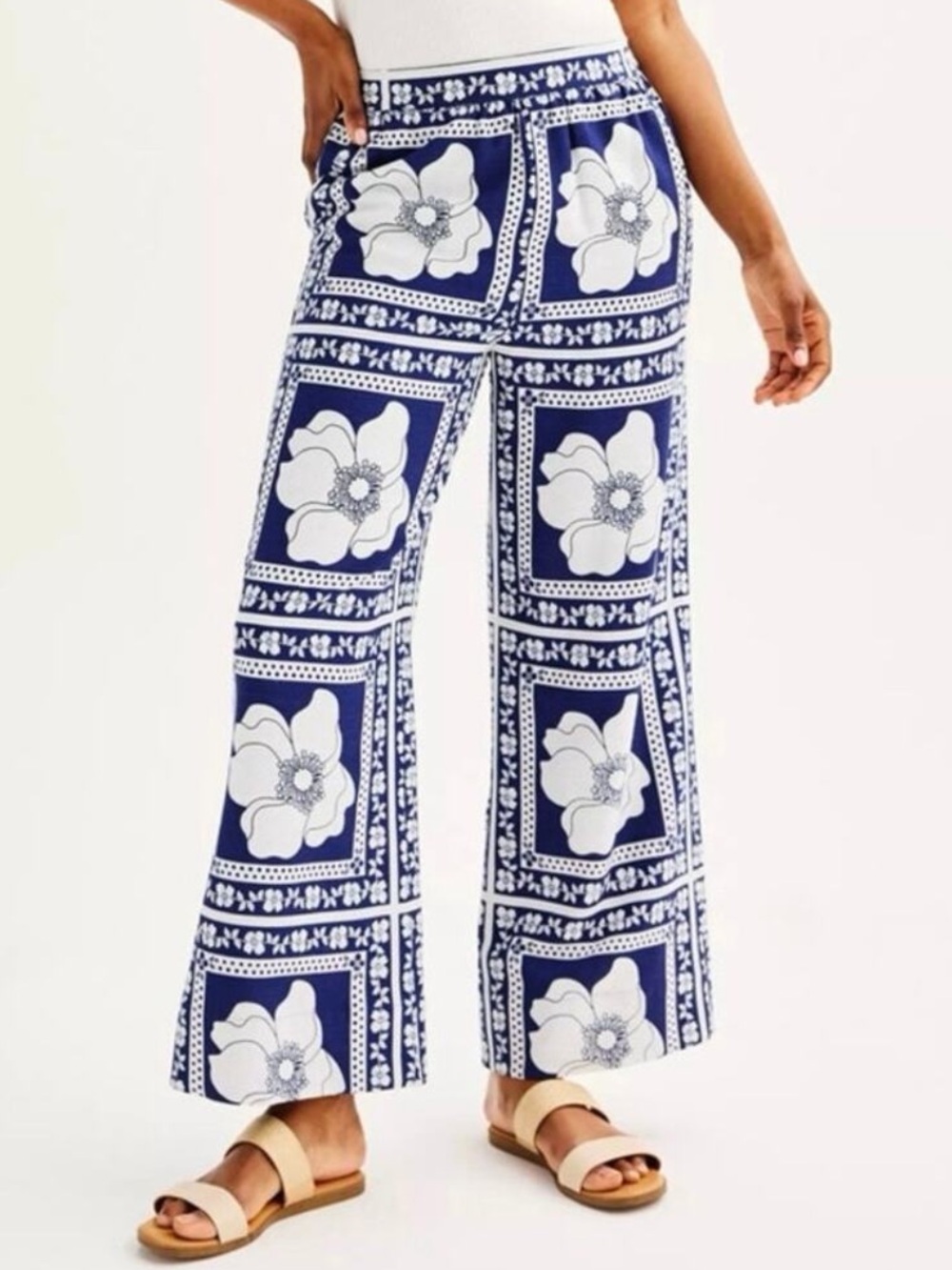 Draper James Loose Fit Lined Wide Leg Pants Sz Large Boho Resort Wear Floral